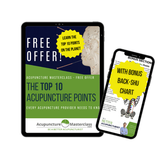 The Top 10 Acupuncture Points free guide, shown on an iPad and phone with bonus Back-Shu chart